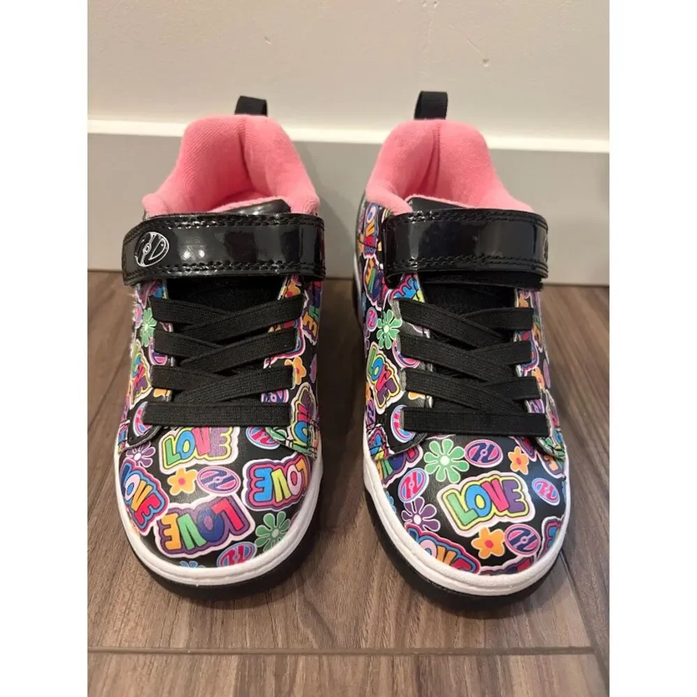 Heelys Kolect X2 Girls Youth 12C Black Pink LOVE Print Double Wheel Skate Shoes